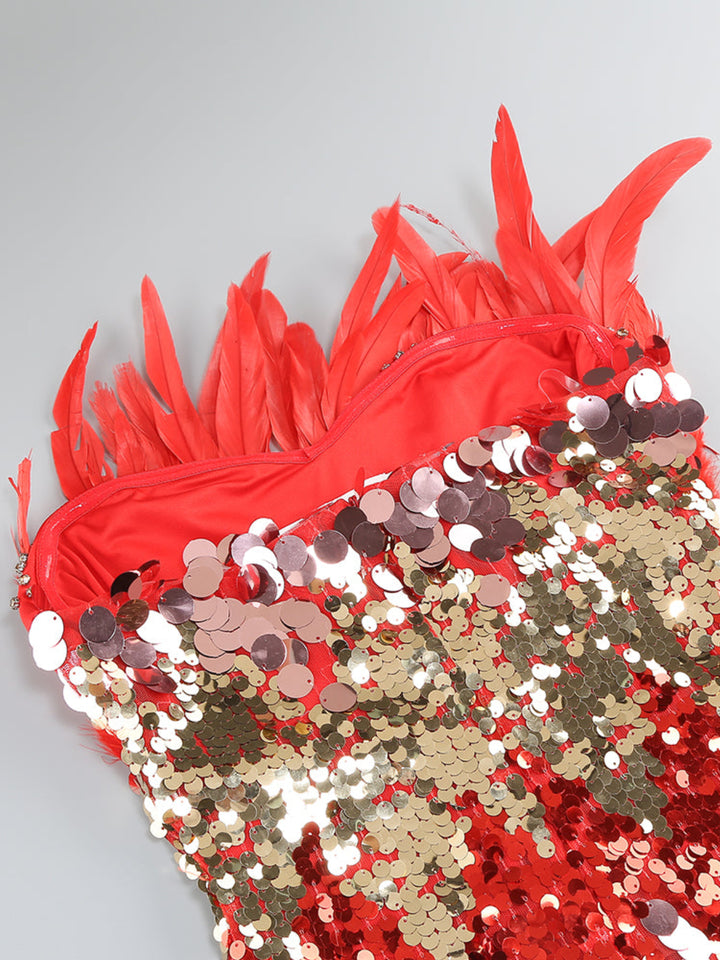 Fashion Sequined Feather Stitching Midi Dress