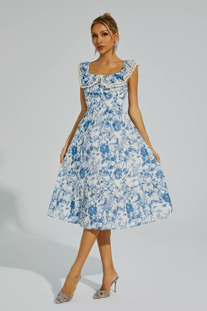 Connie Blue Flower Puffer Sleeve Dress