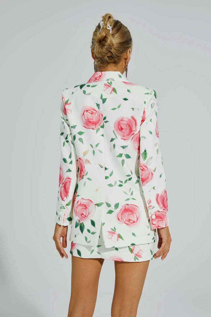 Electra White Rose Printed Blazer Set