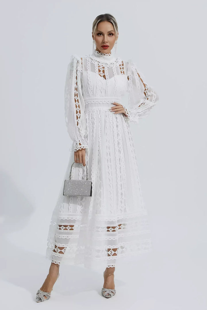 Mariam White Hollow Lace Long Sleeve Dress