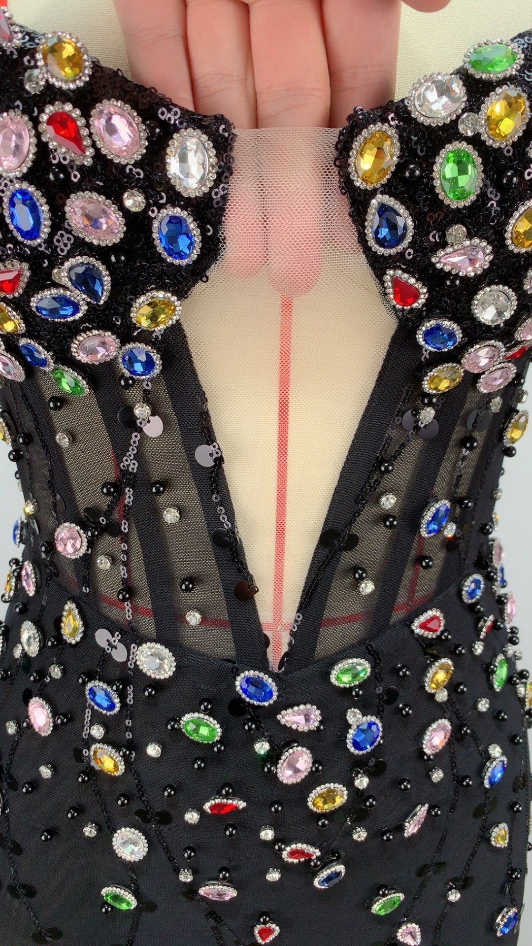 Elegant Mesh Diamond-encrusted Suspender Maxi Dress