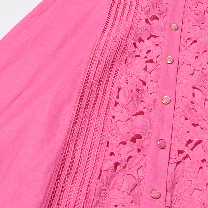 MARGOT Retro French Dress Lapel Hollow Embroidered Lace Long Dress