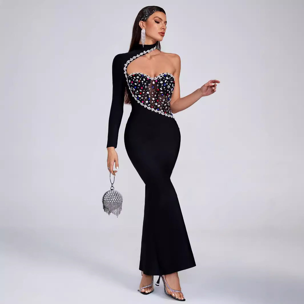 Fashion Shoulder Diamond Maxi Dress