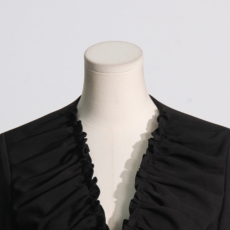 Pleated V-neck Long-sleeved Coat