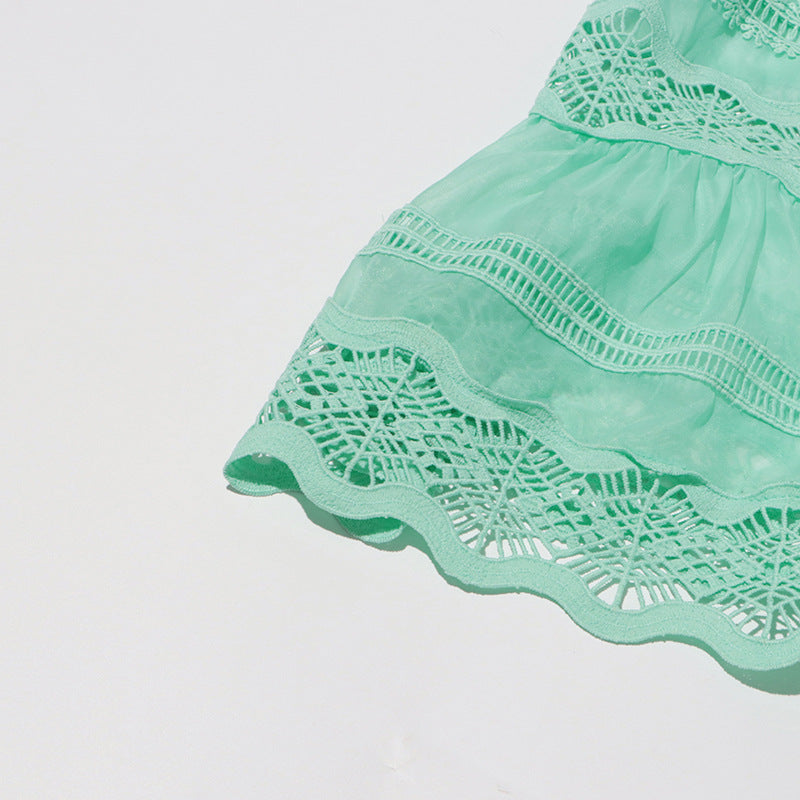 EMMA Lantern Sleeve Water-soluble Embroidery Strap Waist Long Skirt