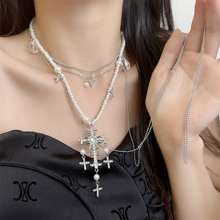 Tassel Stacked Cross Pearl Necklace