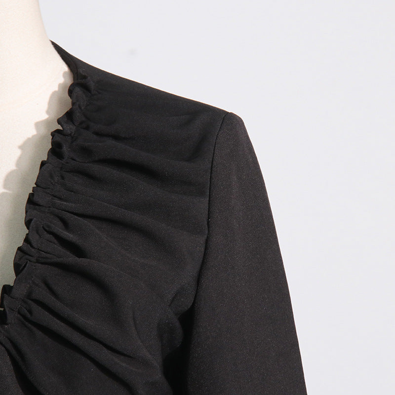 Pleated V-neck Long-sleeved Coat