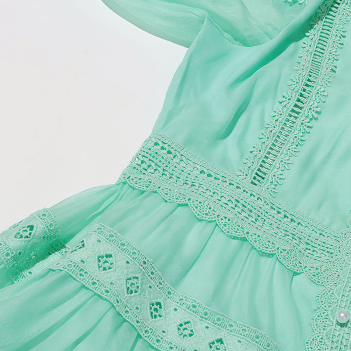 EMMA Lantern Sleeve Water-soluble Embroidery Strap Waist Long Skirt