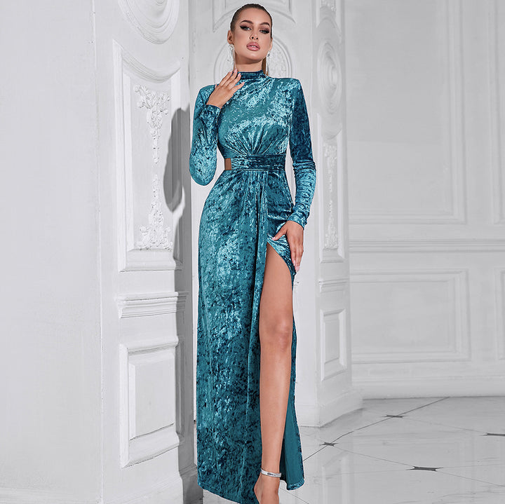 Simple Solid Color Long-sleeved Hollow Maxi Dress