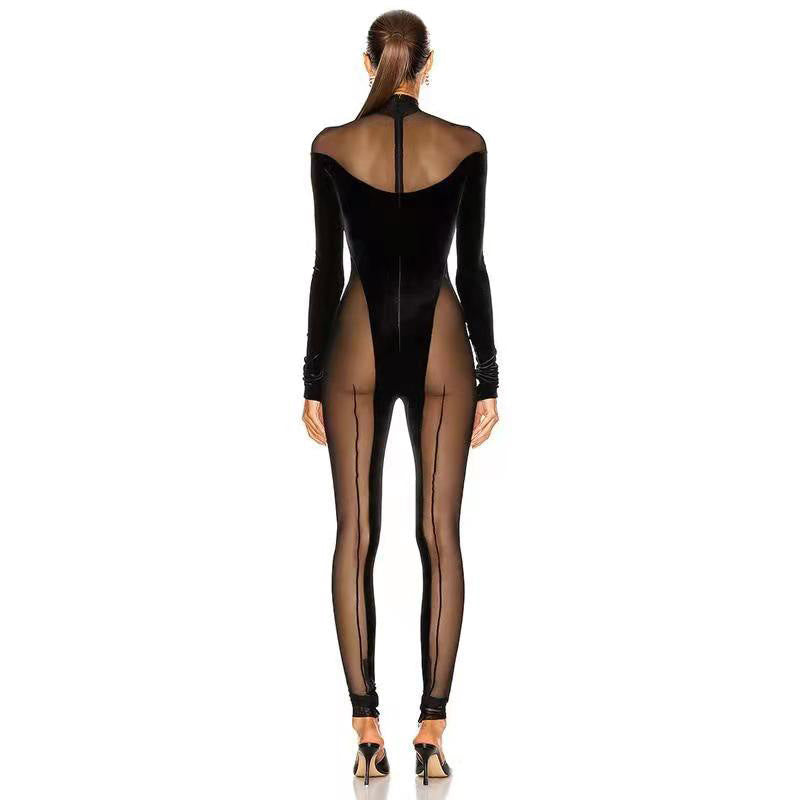 Elegant Velvet Gauze Splicing Jumpsuit