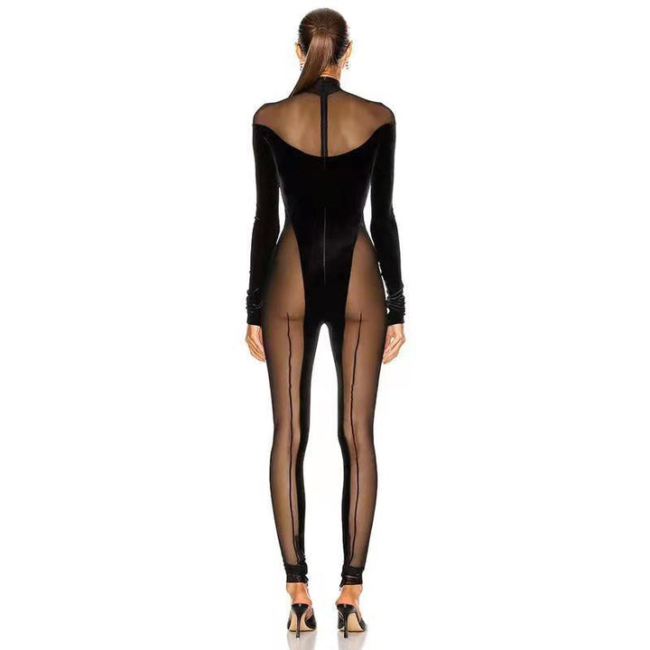 Elegant Velvet Gauze Splicing Jumpsuit