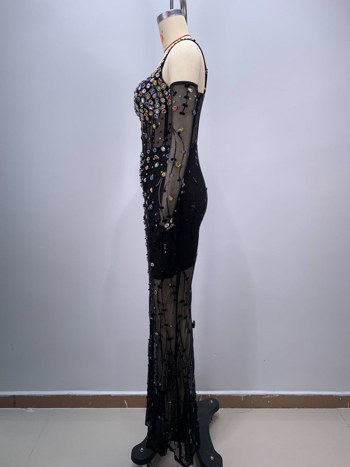Elegant Mesh Diamond-encrusted Suspender Maxi Dress