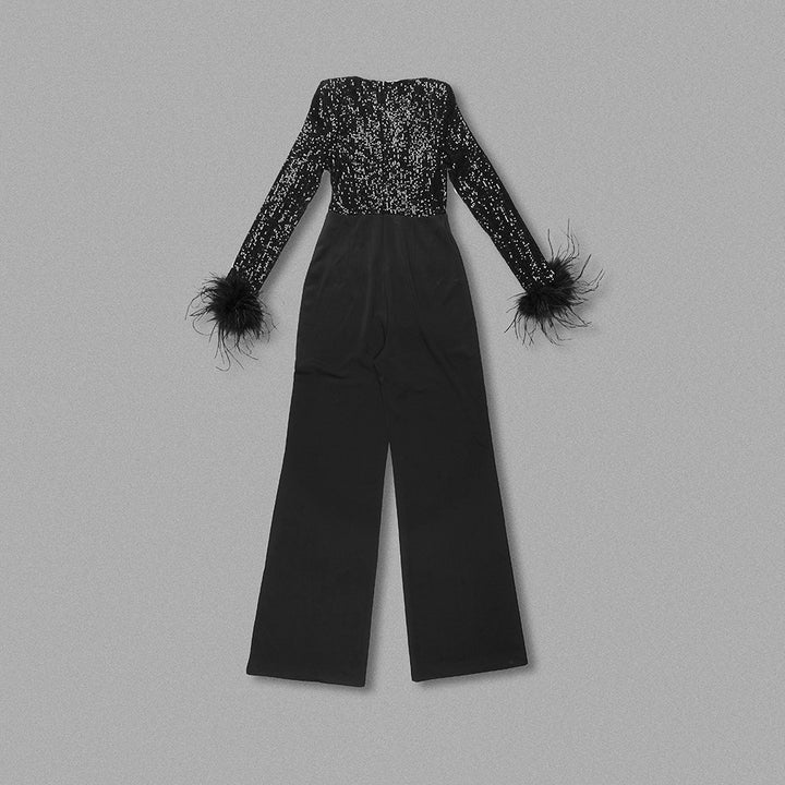 Simple Stitched Sequined Feather Jumpsuit