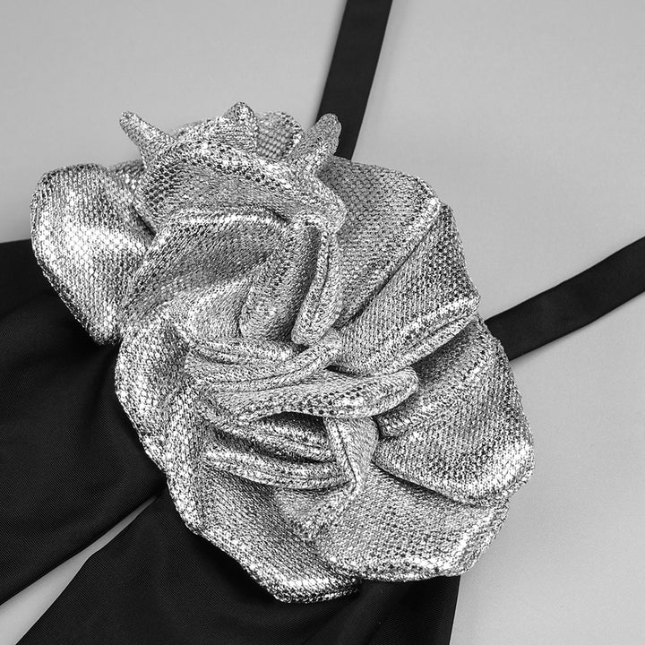 Black Flower Sequin Halter Neck Maxi Dress with Gloves