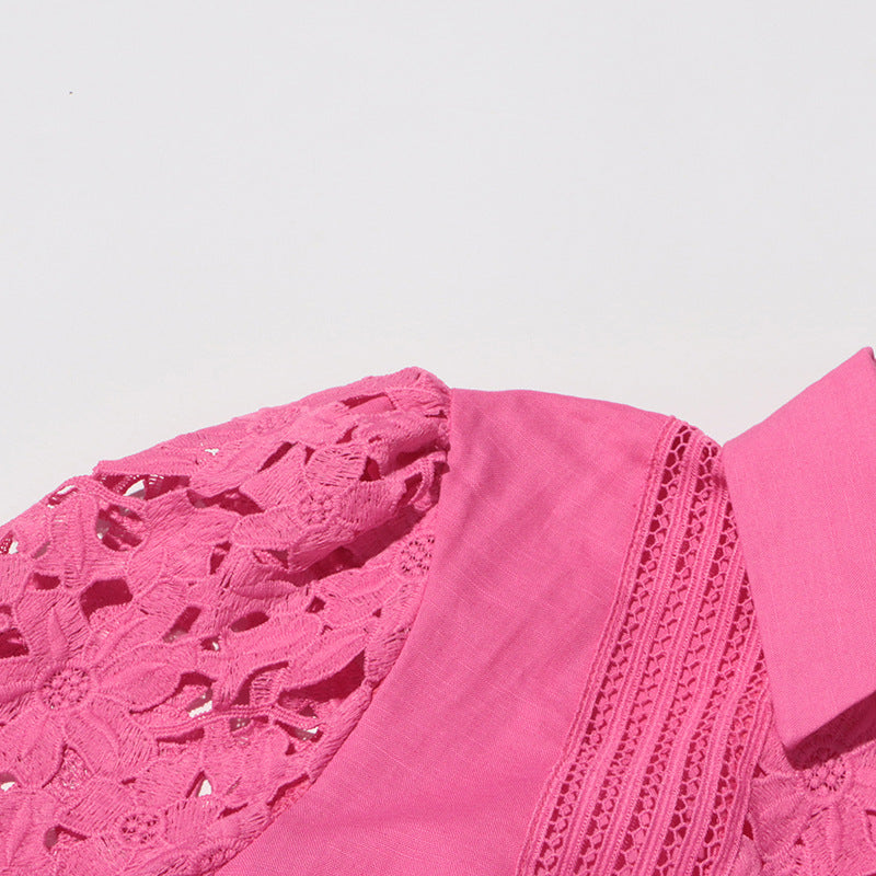 MARGOT Retro French Dress Lapel Hollow Embroidered Lace Long Dress