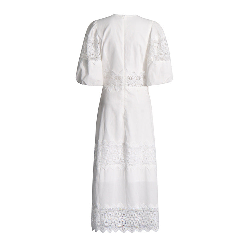 MARGOT Autumn Round Neck Lantern Sleeve Hollow Waist Skirt for Women