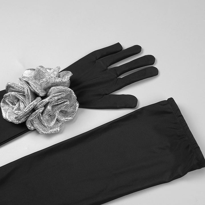 Black Flower Sequin Halter Neck Maxi Dress with Gloves