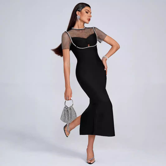 Elegant Diamond Mesh Maxi Dress