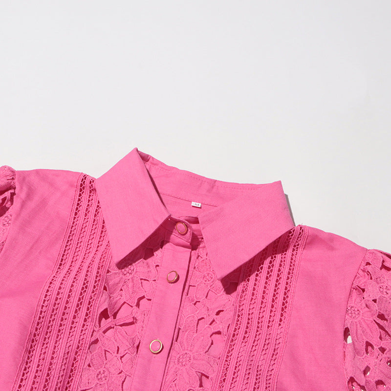 MARGOT Retro French Dress Lapel Hollow Embroidered Lace Long Dress