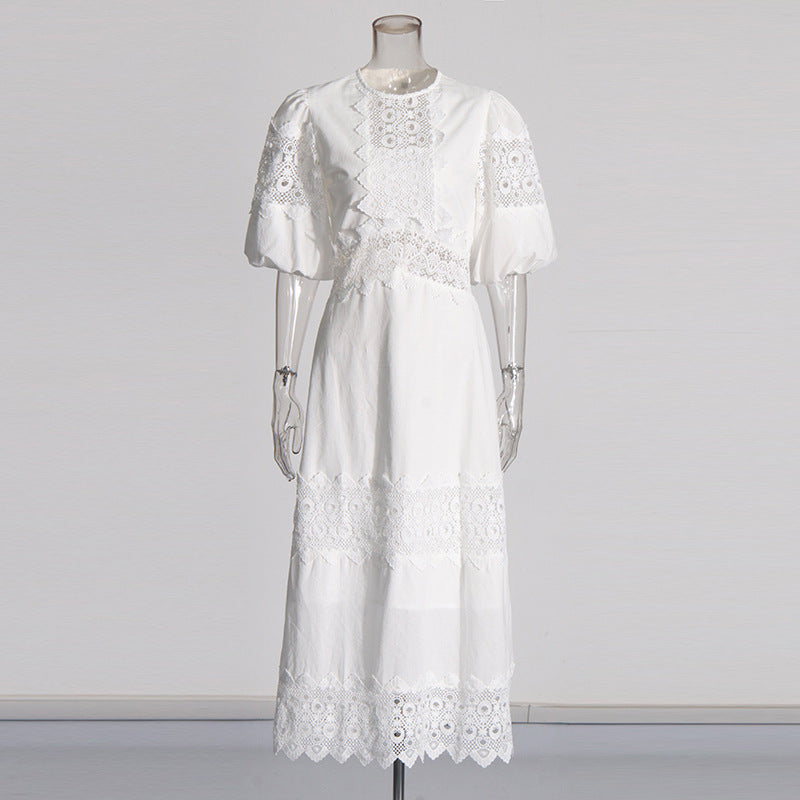 MARGOT Autumn Round Neck Lantern Sleeve Hollow Waist Skirt for Women