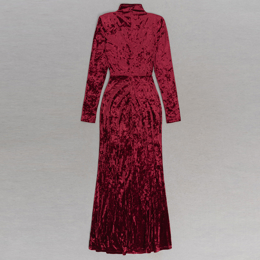 Simple Solid Color Long-sleeved Hollow Maxi Dress