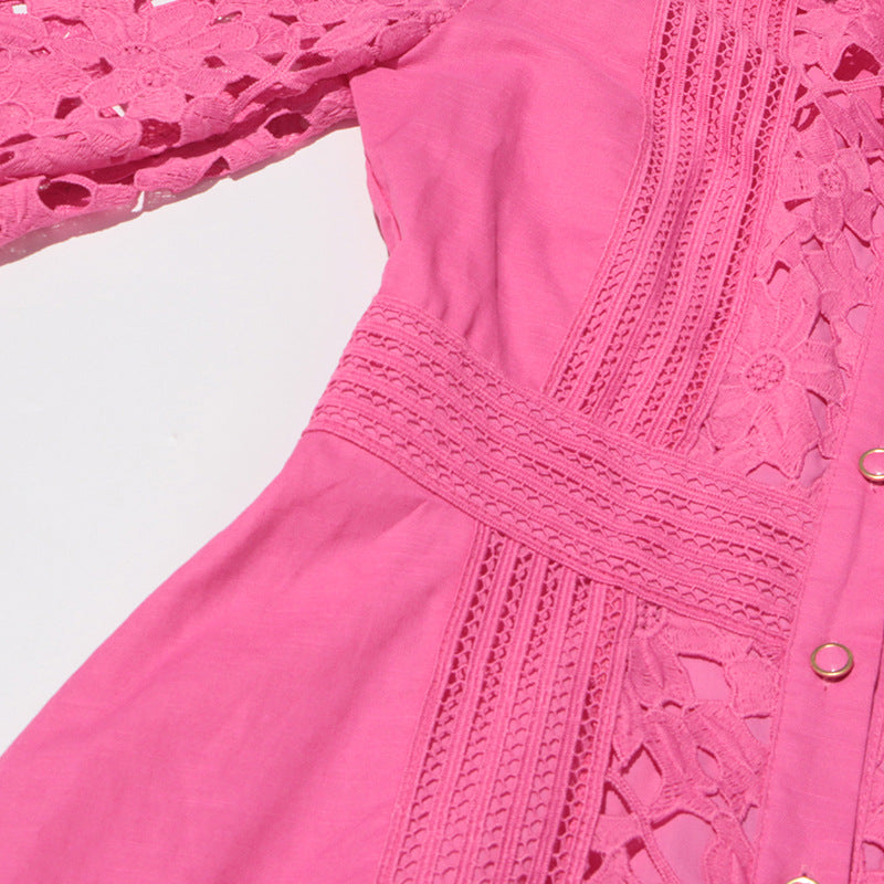 MARGOT Retro French Dress Lapel Hollow Embroidered Lace Long Dress