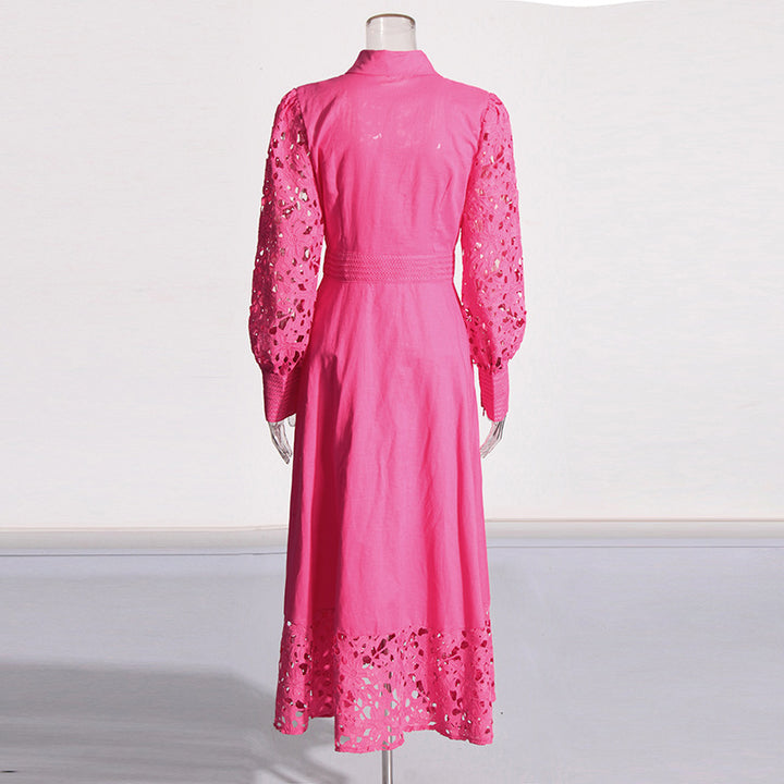 MARGOT Retro French Dress Lapel Hollow Embroidered Lace Long Dress