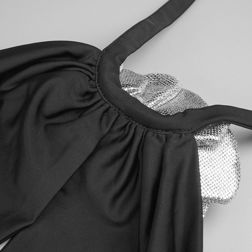 Black Flower Sequin Halter Neck Maxi Dress with Gloves