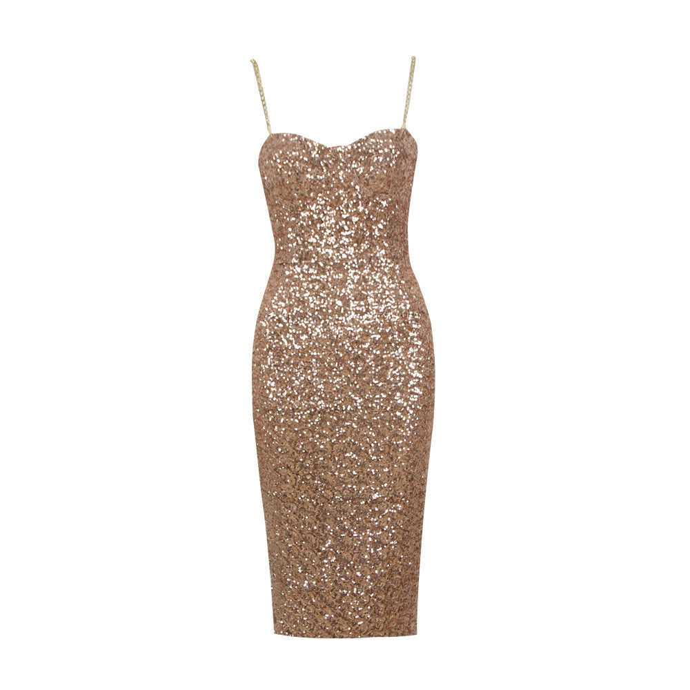 Fashion Sequined Suspender Midi Dress