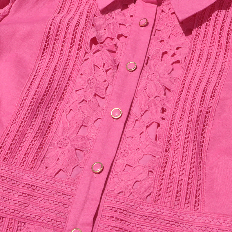 MARGOT Retro French Dress Lapel Hollow Embroidered Lace Long Dress