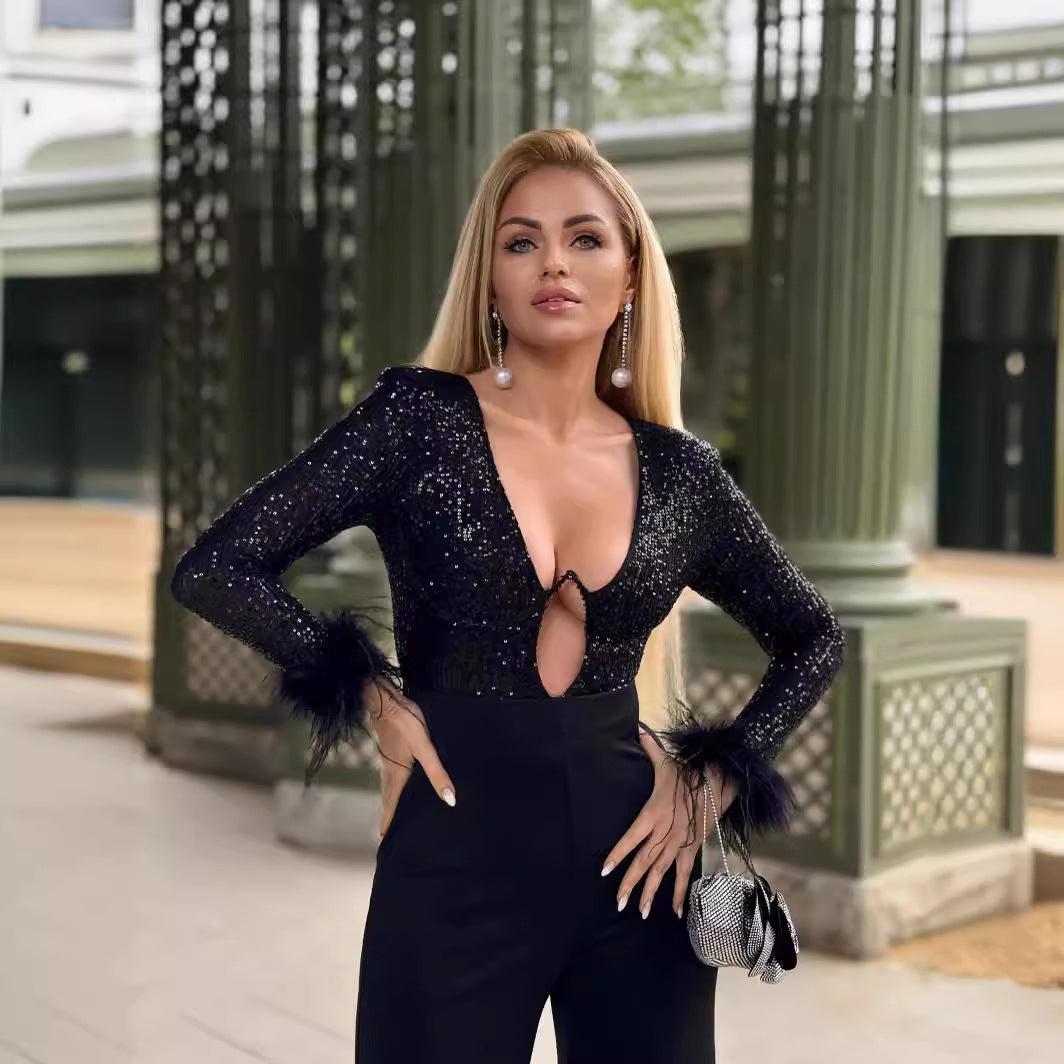 Simple Stitched Sequined Feather Jumpsuit