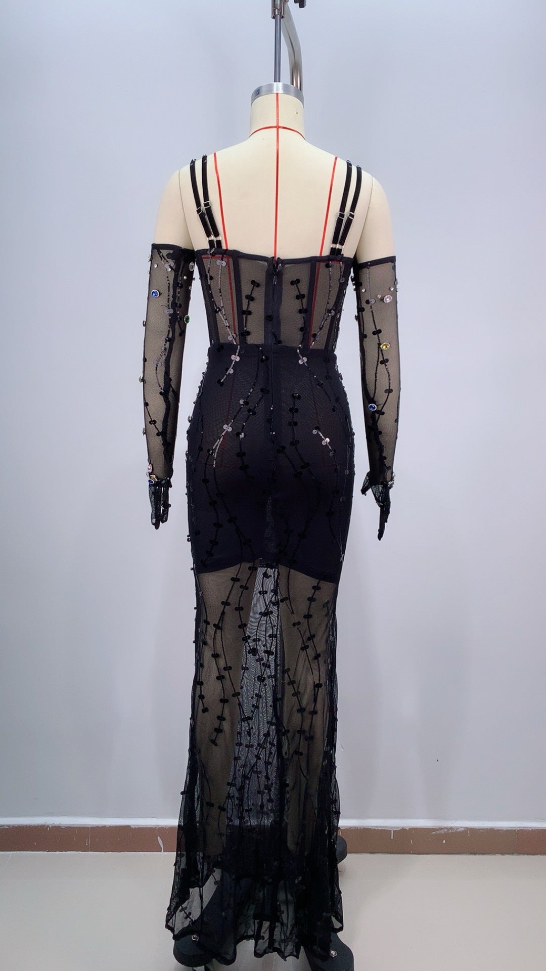 Elegant Mesh Diamond-encrusted Suspender Maxi Dress