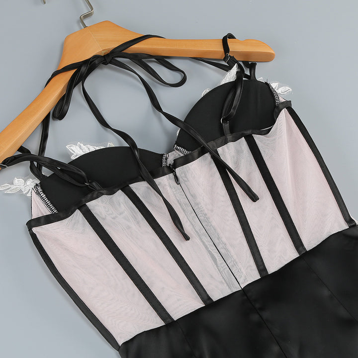 Vintage Suspender Leaf Splicing Maxi Dress