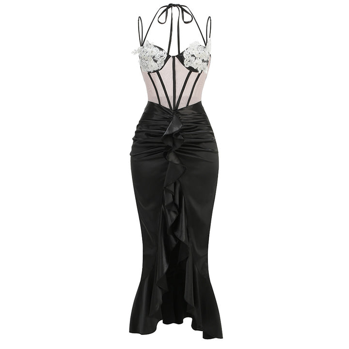 Vintage Suspender Leaf Splicing Maxi Dress