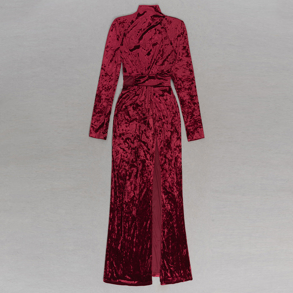 Simple Solid Color Long-sleeved Hollow Maxi Dress