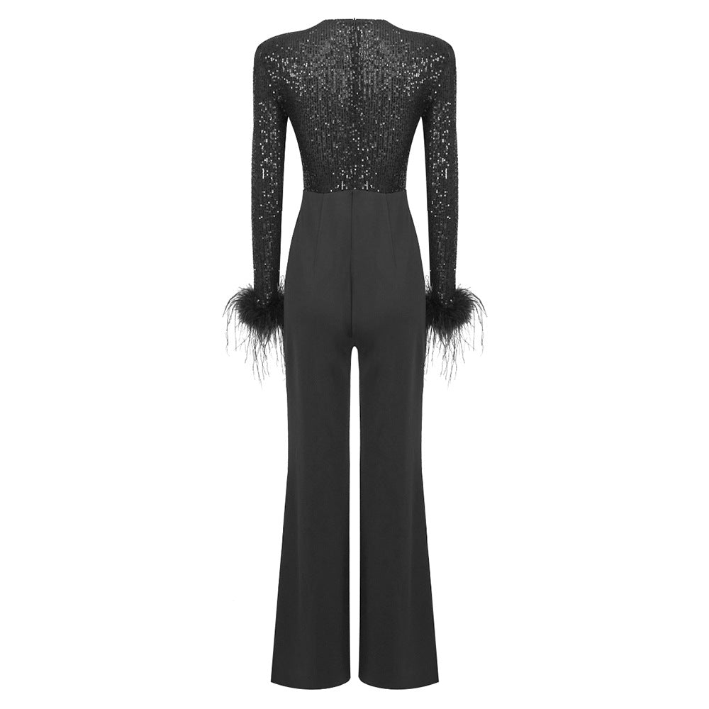 Simple Stitched Sequined Feather Jumpsuit