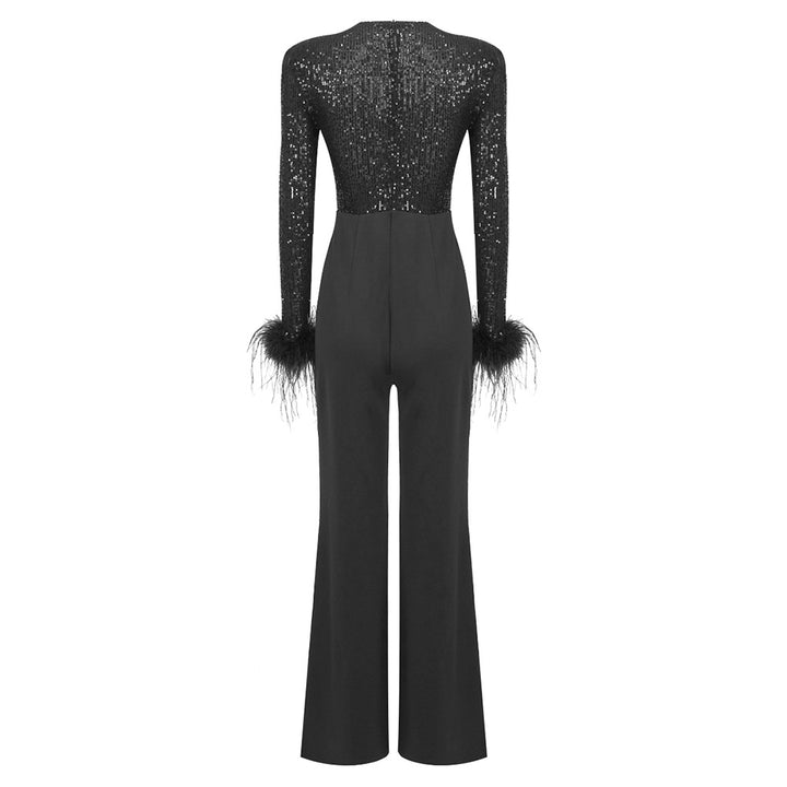 Simple Stitched Sequined Feather Jumpsuit