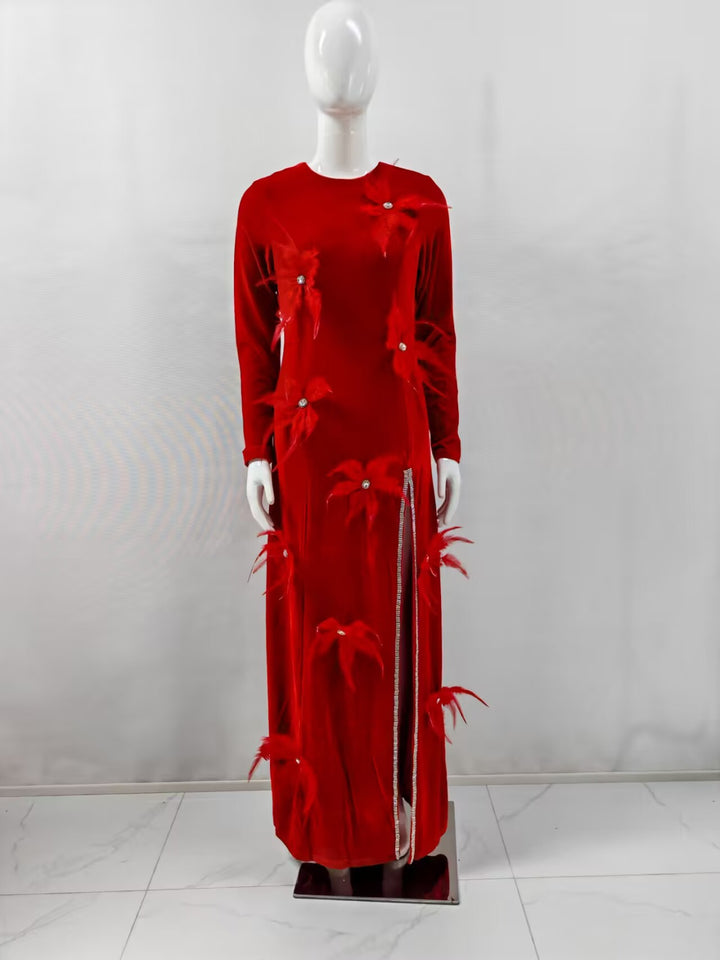 3D Red Feather Diamond Flower Maxi Dress