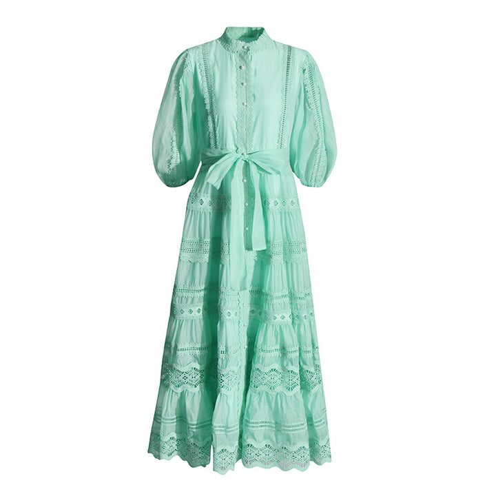 EMMA Lantern Sleeve Water-soluble Embroidery Strap Waist Long Skirt