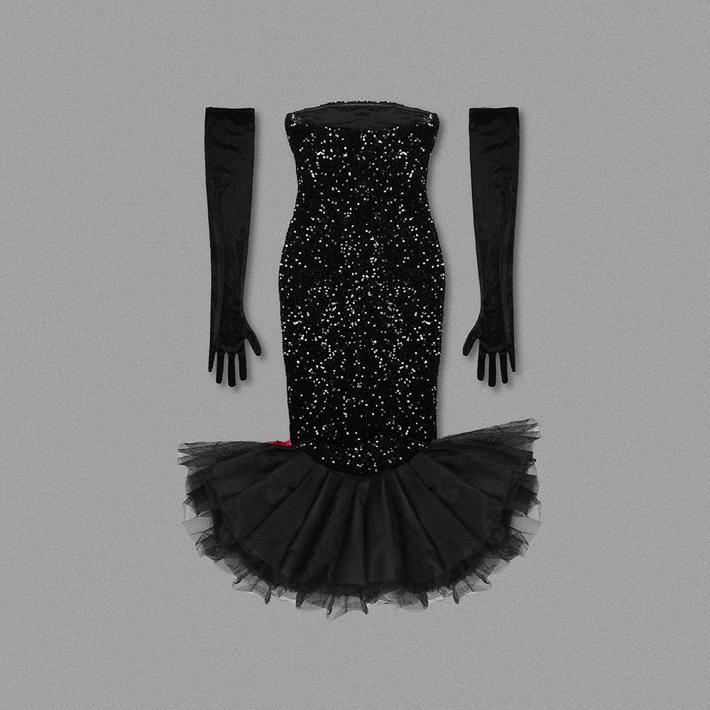 Elegant Flower Sequin Fishtail Midi Dress