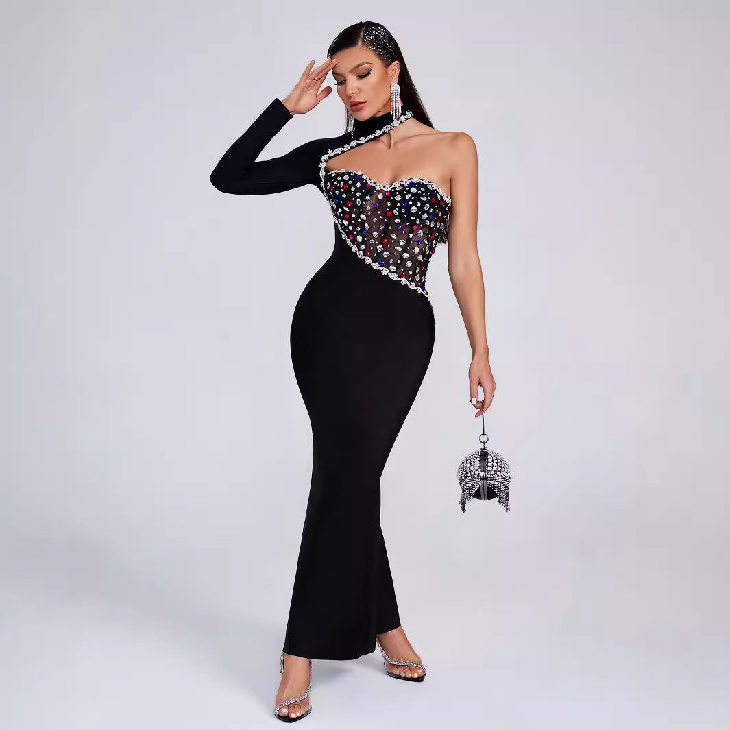 Fashion Shoulder Diamond Maxi Dress