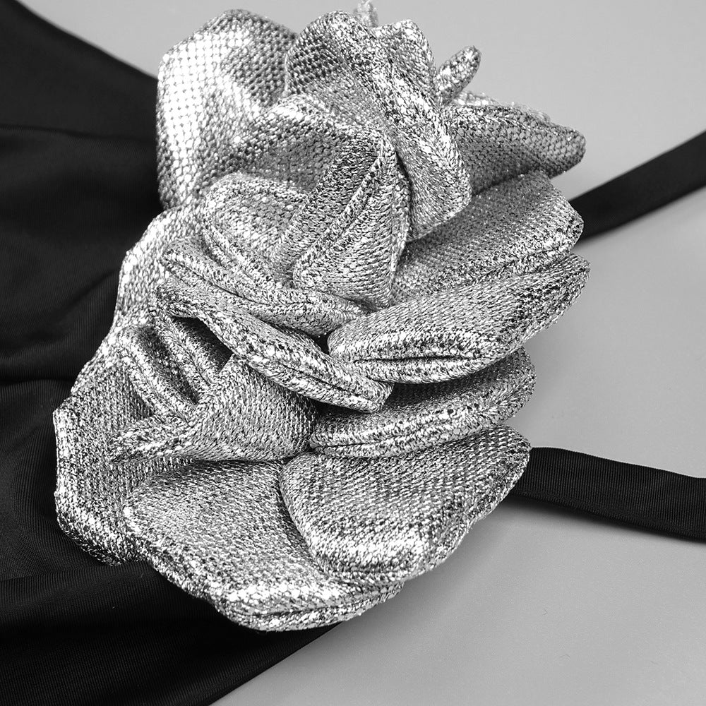 Black Flower Sequin Halter Neck Maxi Dress with Gloves