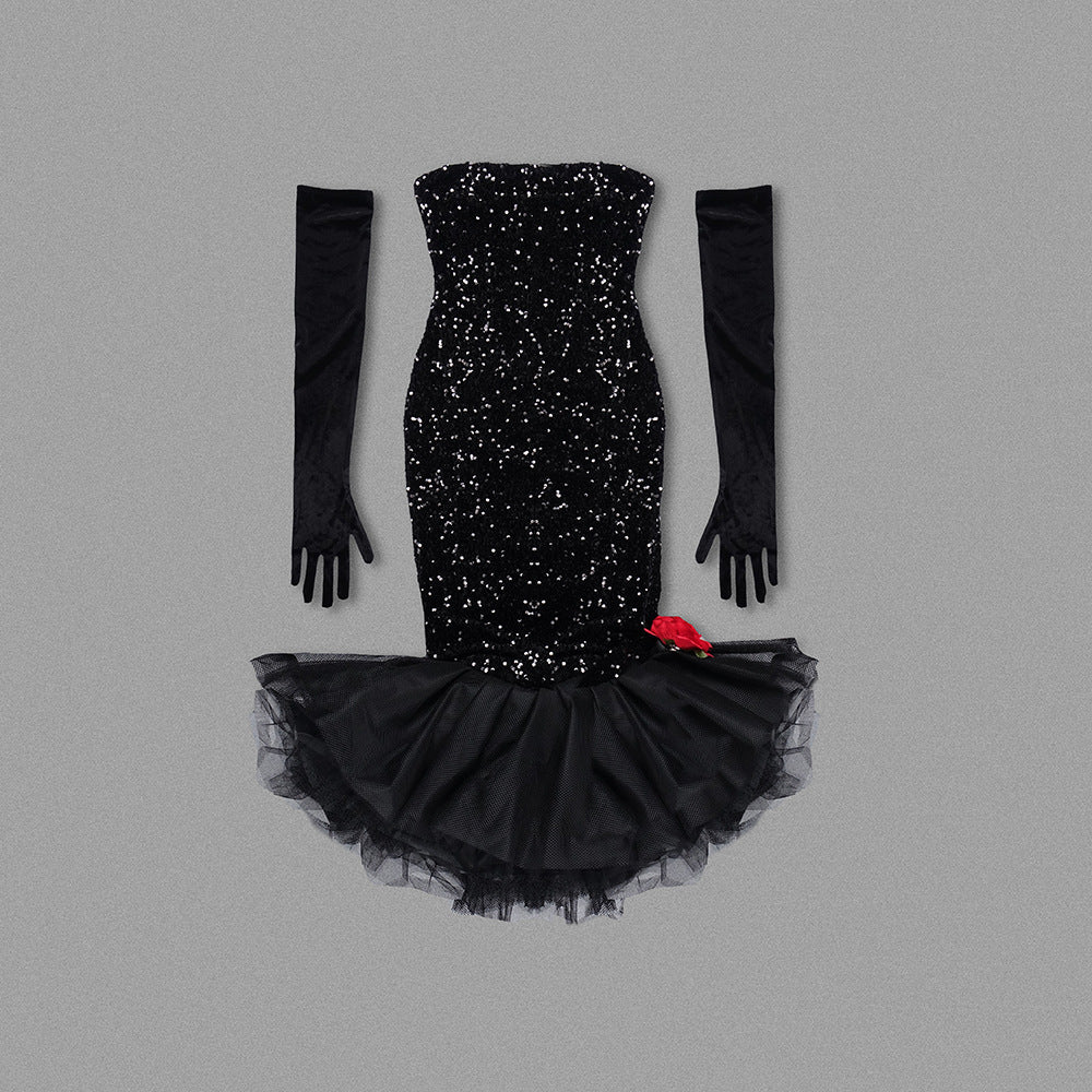 Elegant Flower Sequin Fishtail Midi Dress