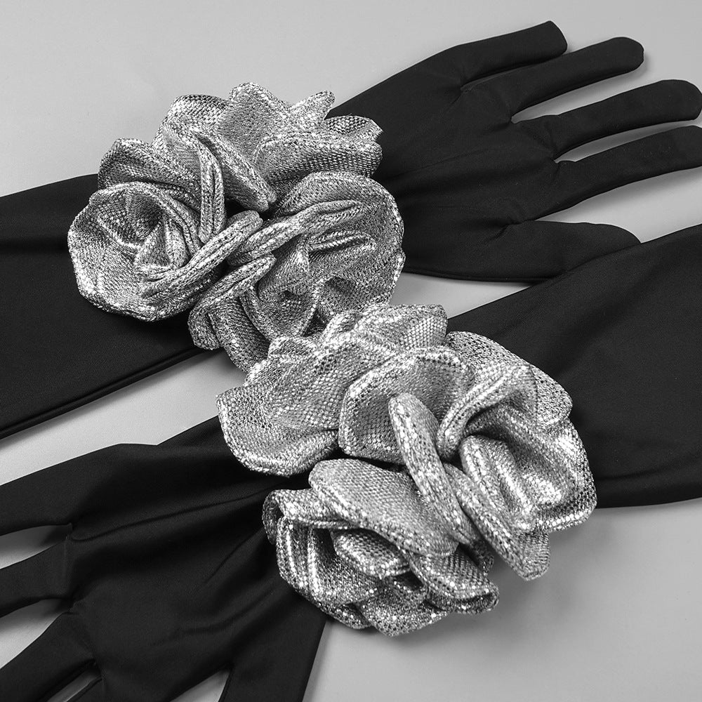 Black Flower Sequin Halter Neck Maxi Dress with Gloves