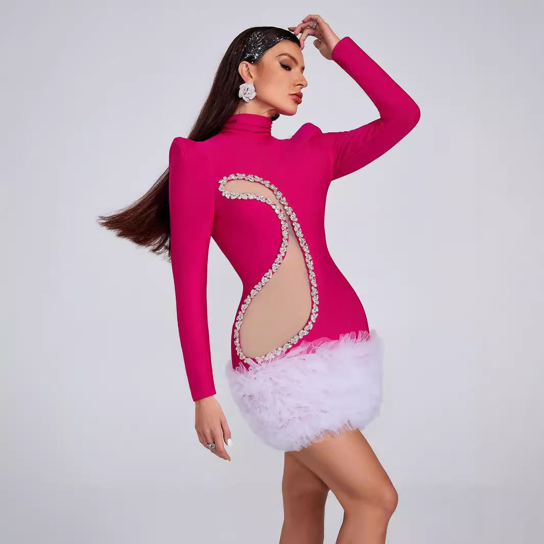 Fashion Long Sleeve Mesh Diamond Mini Dress