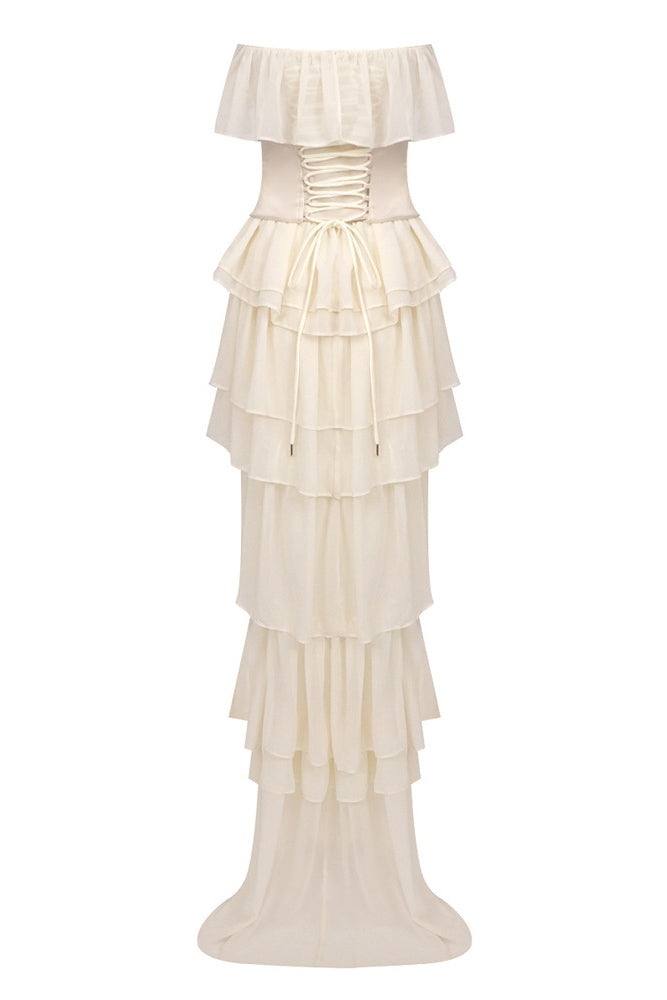 Vintage Bandeau Mesh Lace Up Bustier Ruffle Maxi Dress