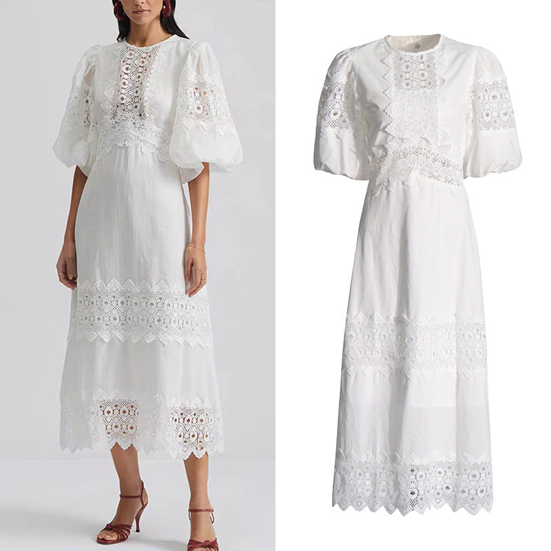 MARGOT Autumn Round Neck Lantern Sleeve Hollow Waist Skirt for Women