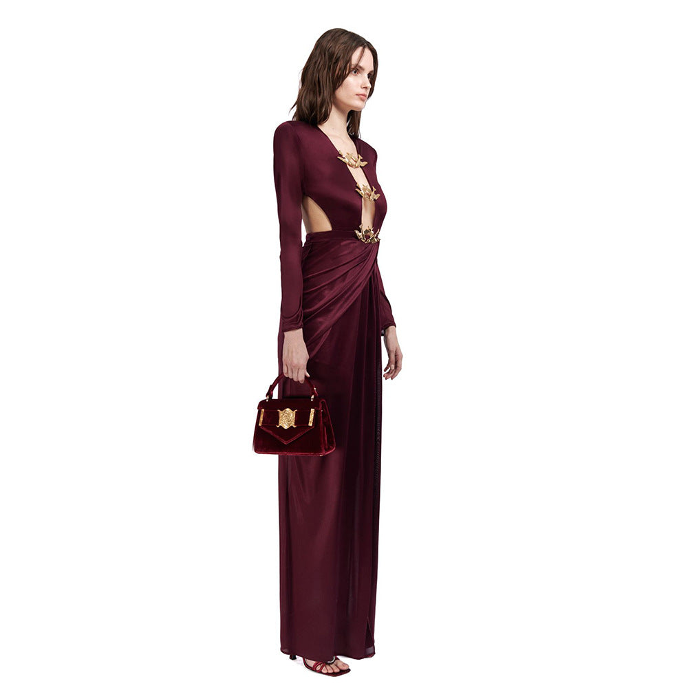 Vintage Metal Cutout Halter Maxi Dress