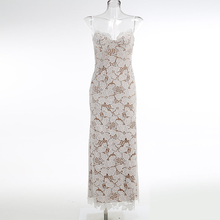Elegant Suspender Jacquard Lace Maxi Dress