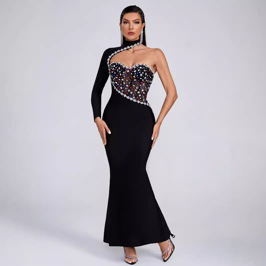 Fashion Shoulder Diamond Maxi Dress